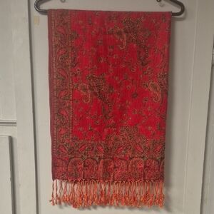 pashmina Red and Gold Paisley Fringe Wrap